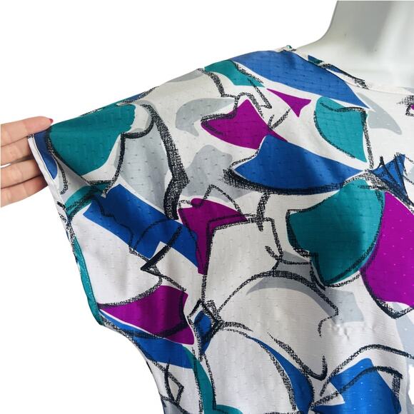 Vintage 80s White Blue Green Abstract Short Sleeve Tee Oversize size S / M - Picture 4 of 10